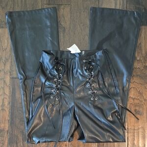 Black Lace-Up Faux Leather Pants